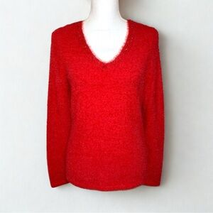 NWT Elena Wang Vibrant Red Eye-Lash V-Neck Jeweled Sweater Women Small